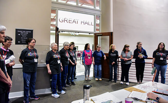 Volunteers at First United Methodist Church of Austin, Texas, meet March 28 before opening the doors to homeless women who come for a little pampering each Friday. Photo by Andrea Turner, UM News.