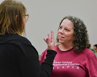 The Rev. Cathy Stone (right), associate pastor of First United Methodist Church of Austin, chats with a volunteer March 28 at the church. Stone is the driving force behind the church’s efforts to cater to the needs of unhoused people. Each Friday, volunteers provide women with food and pampering. Photo by Andrea Turner, UM News. The Rev. Cathy Stone (right), associate pastor of First United Methodist Church of Austin, chats with a volunteer March 28 at the church. Stone is the driving force behind the church’s efforts to cater to the needs of unhoused people. Each Friday, volunteers provide women with food and pampering. Photo by Andrea Turner, UM News.