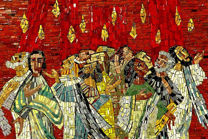 Un mosaico representa al Espíritu Santo descendiendo sobre los apóstoles de Cristo en forma de lenguas llameantes. Los/as obispos/as metodistas unidos/as han publicado un estudio bíblico de ocho semanas titulado "Pueblo de Pentecostés", cuyo objetivo es ayudar a todos/as los/as miembros de la iglesia a experimentar la renovación del Espíritu Santo. Imagen de Holger Schué, cortesía de Pixabay. Un mosaico representa al Espíritu Santo descendiendo sobre los apóstoles de Cristo en forma de lenguas llameantes. Los/as obispos/as metodistas unidos/as han publicado un estudio bíblico de ocho semanas titulado "Pueblo de Pentecostés", cuyo objetivo es ayudar a todos/as los/as miembros de la iglesia a experimentar la renovación del Espíritu Santo. Imagen de Holger Schué, cortesía de Pixabay.