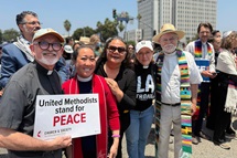 From left, the Rev. Frank Wulf, the Rev. Allison Mark, Monalisa Tui’tahi, the Rev. Hannah Adair Bonner and the Rev. David Farley pose for a photo during a June 9 vigil outside the Los Angeles federal building to pray for immigrants detained inside. California-Pacific Conference Bishop Dottie Escobedo-Frank also was in attendance. United Methodist ministries, including the Council of Bishops and the United Methodist Board of Church and Society, are among 215 nongovernmental organizations that received a letter from a congressional committee probing their ministries with immigrant communities. Mark is president of Church and Society. Photo courtesy of California-Pacific Conference. From left, the Rev. Frank Wulf, the Rev. Allison Mark, Monalisa Tui’tahi, the Rev. Hannah Adair Bonner and the Rev. David Farley pose for a photo during a June 9 vigil outside the Los Angeles federal building to pray for immigrants detained inside. California-Pacific Conference Bishop Dottie Escobedo-Frank also was in attendance. United Methodist ministries, including the Council of Bishops and the United Methodist Board of Church and Society, are among 215 nongovernmental organizations that received a letter from a congressional committee probing their ministries with immigrant communities. Mark is president of Church and Society. Photo courtesy of California-Pacific Conference.