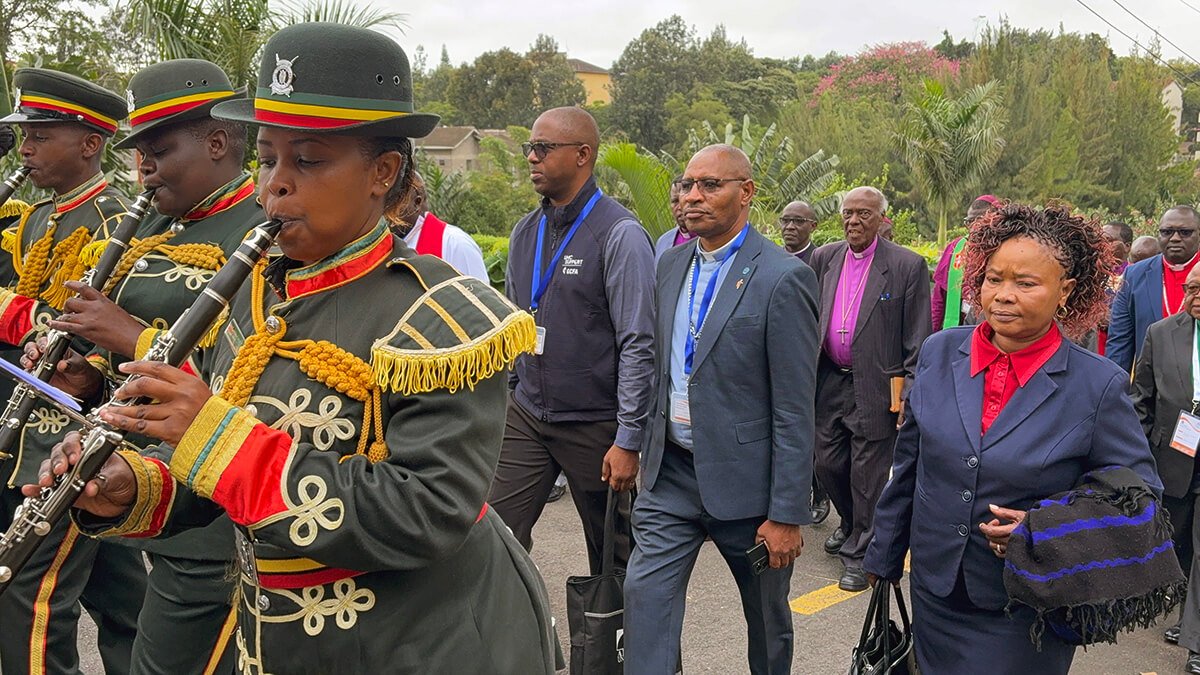 The Kenya Prison Service band leads procession at the start of the Africa Methodist Council’s heads of Methodist conferences summit on May 14 in Nairobi, Kenya. Wesleyan episcopal leaders had the opportunity to discuss regionalization of The United Methodist Church and its impact on all Methodist denominations as well as migration and other issues affecting the church. Photo by Eveline Chikwanah, UM News.