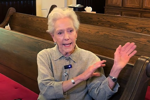 Marylin Mestayer explains that while she lost her home in Hurricane Katrina, her 150-year-old church remained standing. Main Street United Methodist in Bay St. Louis, Miss., became a vital part of the recovery of the community after the 2005 disaster, housing several families. Video image by Lilla Marigza, UM News.