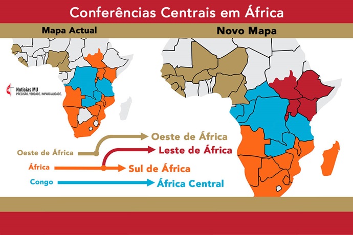 A Igreja Metodista Unida está reestruturando o seu mapa em África. Quando a Conferência Central de África reunir-se de 13 a 17 de Março em Joanesburgo, a conferência central se dividirá e formará as conferências centrais do Sul de África e do Leste de África. As conferências centrais são responsáveis por eleger bispos e fazer adaptações ao Livro da Disciplina de acordo o seu contexto missionário. Gráfico de Ben Ward, UM News. A Igreja Metodista Unida está reestruturando o seu mapa em África. Quando a Conferência Central de África reunir-se de 13 a 17 de Março em Joanesburgo, a conferência central se dividirá e formará as conferências centrais do Sul de África e do Leste de África. As conferências centrais são responsáveis por eleger bispos e fazer adaptações ao Livro da Disciplina de acordo o seu contexto missionário. Gráfico de Ben Ward, UM News.