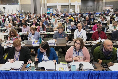 Delegates prepare to do their legislative work during the 2024 United Methodist General Conference in Charlotte, N.C., in Charlotte, NC. The board of the General Council on Finance and Administration approved a request for $1.5 million to pay for a whole software system to track legislation at General Conference. The current system has been in use for nearly 40 years. Photo by Larry McCormack, UM News. Delegates prepare to do their legislative work during the 2024 United Methodist General Conference in Charlotte, N.C., in Charlotte, NC. The board of the General Council on Finance and Administration approved a request for $1.5 million to pay for a whole software system to track legislation at General Conference. The current system has been in use for nearly 40 years. Photo by Larry McCormack, UM News.