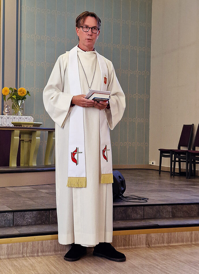 Newly elected Bishop Knut Refsdal addresses the United Methodist congregation in Flekkefjord, Norway. The congregation is undergoing a season of renewal after most of its members opted to leave the denomination last year. Photo by Karl Anders Ellingsen, UM News.