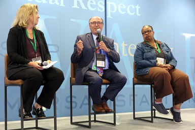 Bishop David Bard, who leads the Michigan and Illinois Great Rivers conferences, talks to Volunteers in Mission leaders about the theology behind regionalization, a package of amendments to the denomination’s constitution up for possible ratification this year. Joining Bard in discussing regionalization were Mountain Sky Conference Bishop Kristin Stoneking (left) and Bishop Robin Dease, who leads the North Georgia and South Georgia conferences. Photo by Heather Hahn, UM News. Bishop David Bard, who leads the Michigan and Illinois Great Rivers conferences, talks to Volunteers in Mission leaders about the theology behind regionalization, a package of amendments to the denomination’s constitution up for possible ratification this year. Joining Bard in discussing regionalization were Mountain Sky Conference Bishop Kristin Stoneking (left) and Bishop Robin Dease, who leads the North Georgia and South Georgia conferences. Photo by Heather Hahn, UM News.