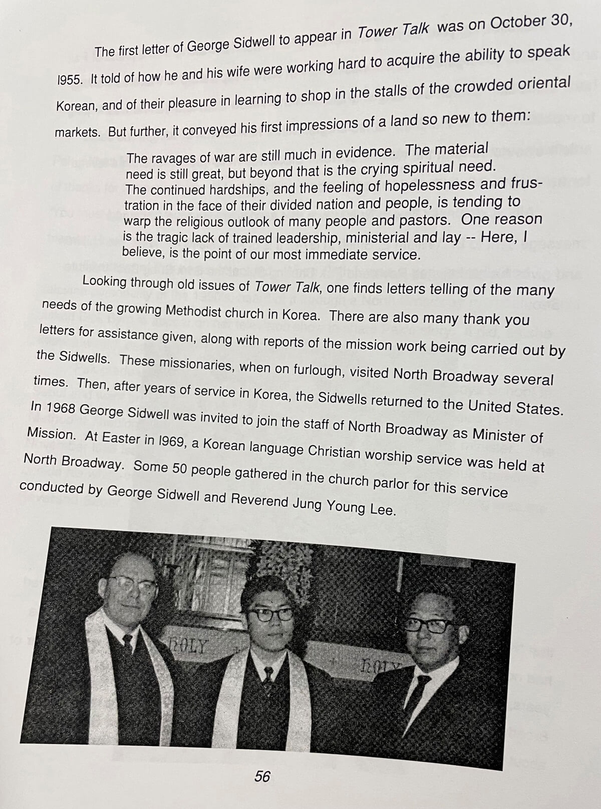 노스브로드웨이 연합감리교회(North Broadway UMC)의 역사 자료집에 기록된 이정용 목사의 사역.  이 목사는 1969년 이곳에서 콜럼버스 한인 교회를 개척했고, 1972년까지 목회했다. 사진 제공, 임찬순 목사.
