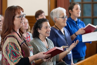 Participants in the 2025 United Methodist Church Deacons Gathering sing during opening worship at the Upper Room Chapel in Nashville, Tenn. From left are the Rev. Shannon Howard, the Rev. Tina Marie Rees, the Rev. Sherry Brady and Candace Brady. A focus of the event was deacons’ new sacramental authority approved at last year’s General Conference. Photo by Mike DuBose, UM News. Participants in the 2025 United Methodist Church Deacons Gathering sing during opening worship at the Upper Room Chapel in Nashville, Tenn. From left are the Rev. Shannon Howard, the Rev. Tina Marie Rees, the Rev. Sherry Brady and Candace Brady. A focus of the event was deacons’ new sacramental authority approved at last year’s General Conference. Photo by Mike DuBose, UM News.