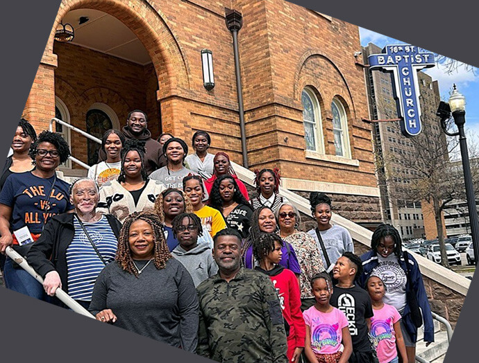 College students, adult guides and family members visit the 16th Street Baptist Church in Birmingham, Ala., where four young girls were murdered in an infamous 1963 bombing. The stop was part of a March 2024 civil rights history tour sponsored by the Wesley Foundation of Texas Southern University. File photo courtesy of the Rev. Tabitha Mock.