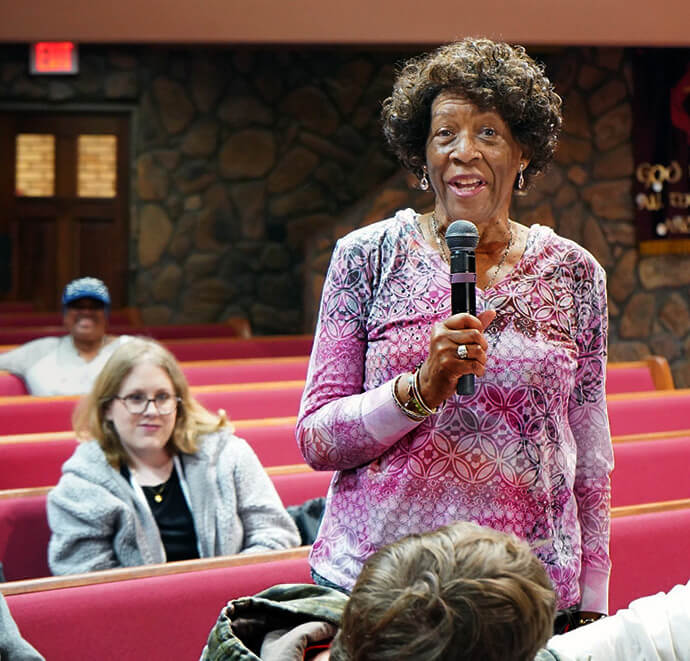 Mississippi Conference Lay Leader Vera Thomas addresses fellow civil rights history tour participants during morning devotions at Anderson United Methodist Church in Jackson, Miss. The “No Stone Unturned for Justice” five-day civil rights tour in mid-March began at the Mississippi Civil Rights Museum in Jackson, before continuing through Alabama, with stops in Birmingham, Selma and Montgomery, and concluding in Atlanta. Photo by Jasmine Haynes, Mississippi Conference. 