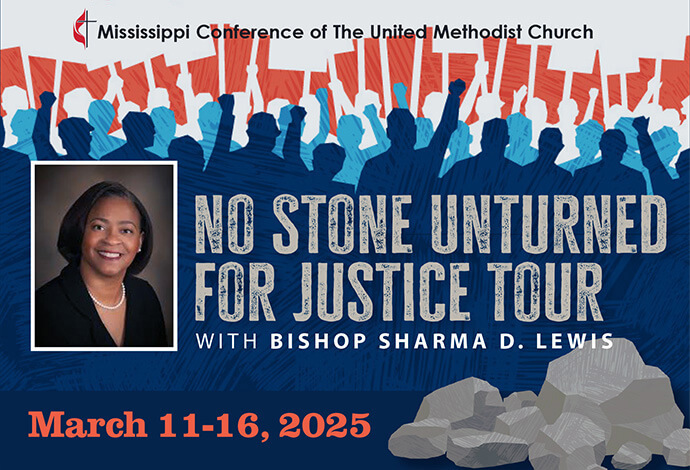 Mississippi Conference Bishop Sharma D. Lewis Logan led the conference’s “No Stone Unturned for Justice” five-day civil rights tour in mid-March. She called the tour an “opportunity for us to travel through history together, to worship, dialogue and heal together.” Graphic courtesy of the Mississippi Conference.