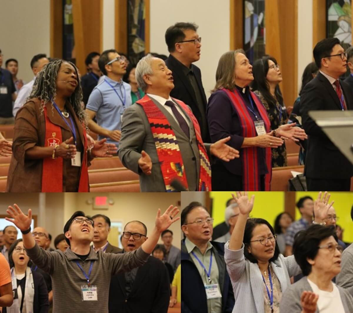 2025년 9월 29일-10월 2일 뉴저지주 이스트 브룬스위크에 소재한 갈보리 한인연합감리교회에서 열린 연합감리교회 한인총회 개회예배에서 참석자들이 찬양하고 있다. 콜라주 사진, (위) 신띠아 무어-코이코이 감독(대뉴저지 연회 및 동펜실베이니아 연회), 정희수 감독(오하이오 감독구), 도티 에스코베도-프랭크 감독(캘리포니아-태평양 연회), 김규현 목사(캘리포니아주 오린다 소재의 열린교회 담임). (왼쪽 아래) 이재명 목사(뉴저지 보어히스 소재의 호프 연합감리교회, 넥서스(NEXUS) 회장), (오른쪽 아래) 김미강 목사(버지니아 한인연합감리교회). 사진, 김응선(Thomas E. Kim) 목사, 연합감리교뉴스.