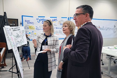 Sarah Metroff (left), marketing manager of investment for Wespath Benefits and Investments, speaks with M. Theresa Basile (middle), co-founder of United Methodists for Kairos Response, and Andy Hendren (right), top executive of Wespath, during September meetings at Garrett-Evangelical Theological Seminary in Evanston, Illinois. Wespath organized the summit to foster dialogue about its investments. Photo courtesy of Wespath Benefits and Investments.  Sarah Metroff (left), marketing manager of investment for Wespath Benefits and Investments, speaks with M. Theresa Basile (middle), co-founder of United Methodists for Kairos Response, and Andy Hendren (right), top executive of Wespath, during September meetings at Garrett-Evangelical Theological Seminary in Evanston, Illinois. Wespath organized the summit to foster dialogue about its investments. Photo courtesy of Wespath Benefits and Investments.