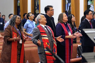 Participants sing praises during the opening worship of the Korean Association of The United Methodist Church, held Sept. 29 at Calvary Korean United Methodist Church in East Brunswick, New Jersey. Pictured (from left): Bishops Cynthia Moore-Koikoi of the Greater New Jersey and Eastern Pennsylvania conferences; Hee-Soo Jung of the Ohio Episcopal Area; Dottie Escobedo-Frank of the California-Pacific Conference; and the Rev. Kyu Hyun Kim, pastor of Berkeley Korean United Methodist Church in Orinda, Calif. Photo by the Rev. Thomas E. Kim, UM News. Participants sing praises during the opening worship of the Korean Association of The United Methodist Church, held Sept. 29 at Calvary Korean United Methodist Church in East Brunswick, New Jersey. Pictured (from left): Bishops Cynthia Moore-Koikoi of the Greater New Jersey and Eastern Pennsylvania conferences; Hee-Soo Jung of the Ohio Episcopal Area; Dottie Escobedo-Frank of the California-Pacific Conference; and the Rev. Kyu Hyun Kim, pastor of Berkeley Korean United Methodist Church in Orinda, Calif. Photo by the Rev. Thomas E. Kim, UM News.