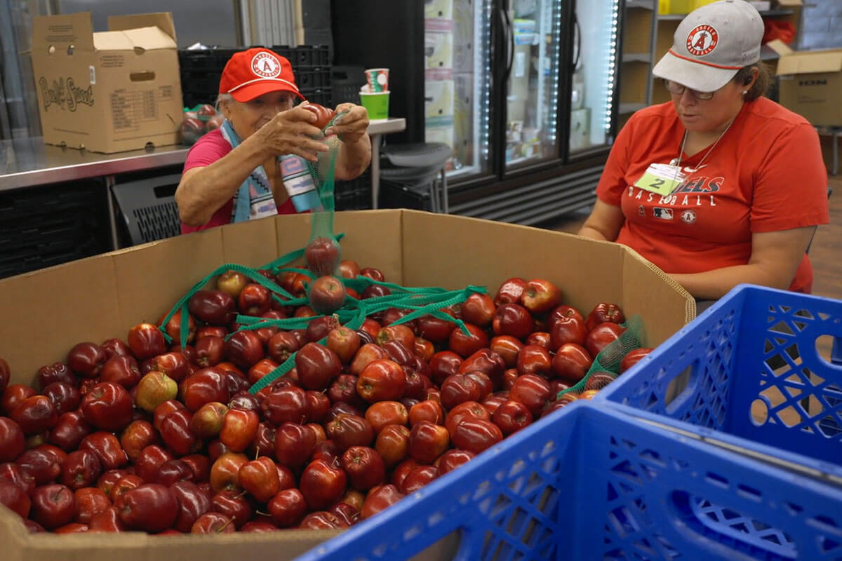 Volunteers bag apples at Neighbors Pantry at Anaheim United Methodist Church, about two miles from Disneyland in Anaheim, Calif. Like food pantries across the U.S., the United Methodist ministry has seen demand rise this year and is bracing for more with the suspension of SNAP benefits. Screengrab courtesy of the California-Pacific Conference via Vimeo by UM News.  