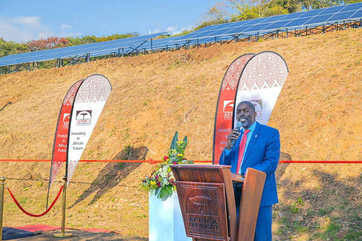 Vice chancellor Peter M. Mageto speaks during the commissioning of the Africa University solar plant in Mutare, Zimbabwe, on June 6. The solar plant represents a new milestone in the university’s quest to harness sustainable green energy and escape power outages affecting the country. Photo by Africa University Public Affairs Office.