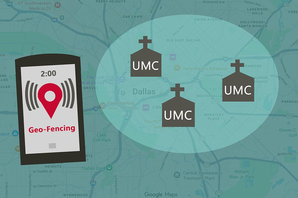 A “geofencing” campaign aims to flood the mobile devices of worshippers in the western U.S. with anti-Palestinian messages. Several United Methodist congregations in Texas are named in a filing by Show Faith by Works, a California-based company. According to the filing, the messaging will “combat low American Evangelical Christian approval of the Nation of Israel” and “increase awareness of Palestinian ties to Hamas and support for terrorism.” Map courtesy of Google; graphic by Laurens Glass, UM News.