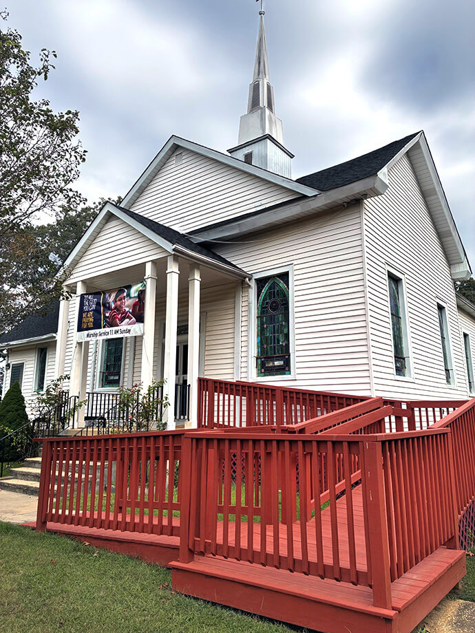 A newly renovated disability access ramp sits at the front of historic St. John United Methodist Church in Bridgeton, N.J. Members of Marshallton United Methodist Church across the Delaware River in West Chester, Pa., helped to repair the deteriorating ramp in June. Photo courtesy of David Eckert.