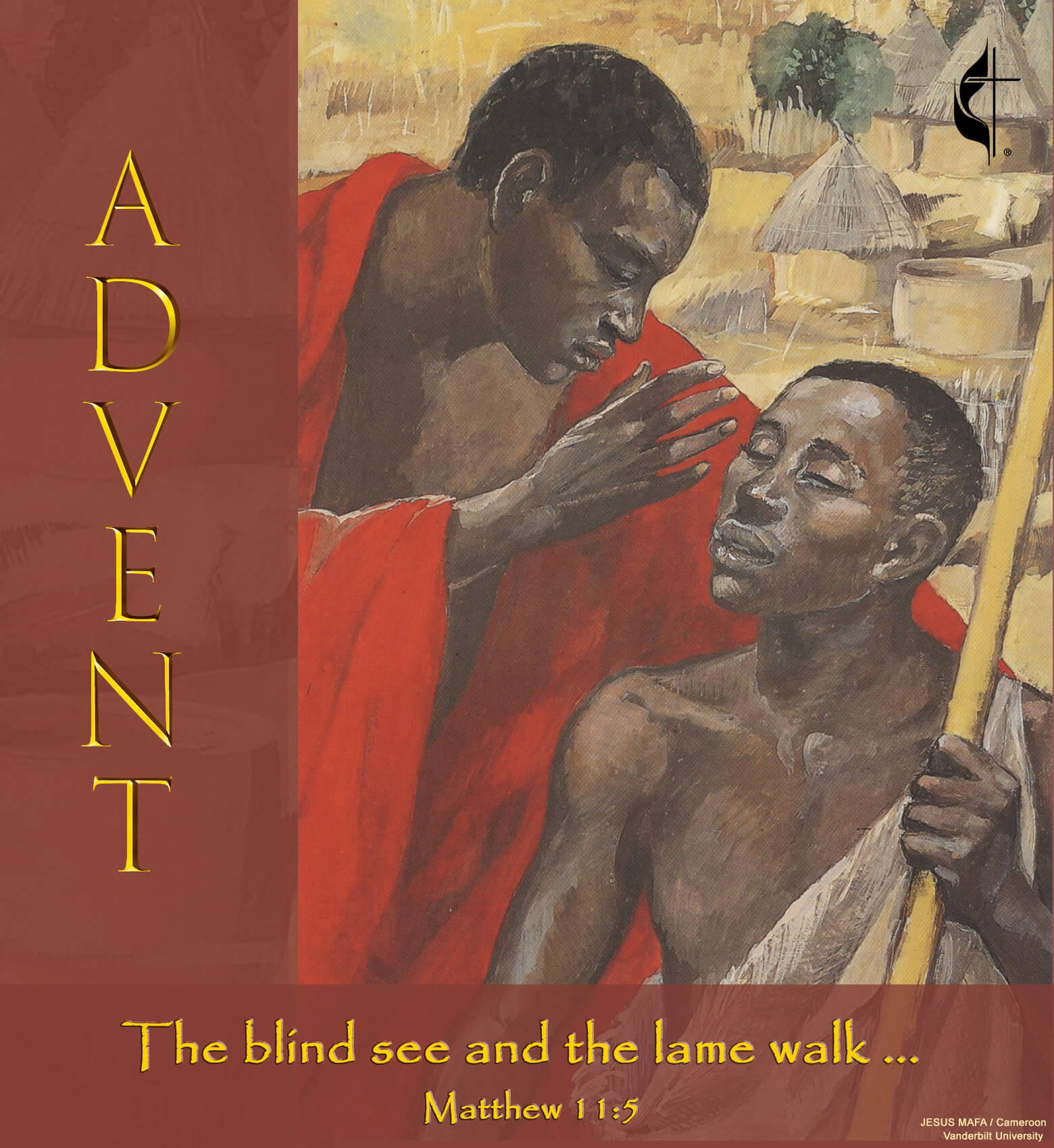 Jesus cures the man born blind. 1973. JESUS MAFA is a response to the New Testament readings from the Lectionary by a Christian community in Cameroon, Africa. Image courtesy of Vanderbilt University; graphic by Laurens Glass, UM News.