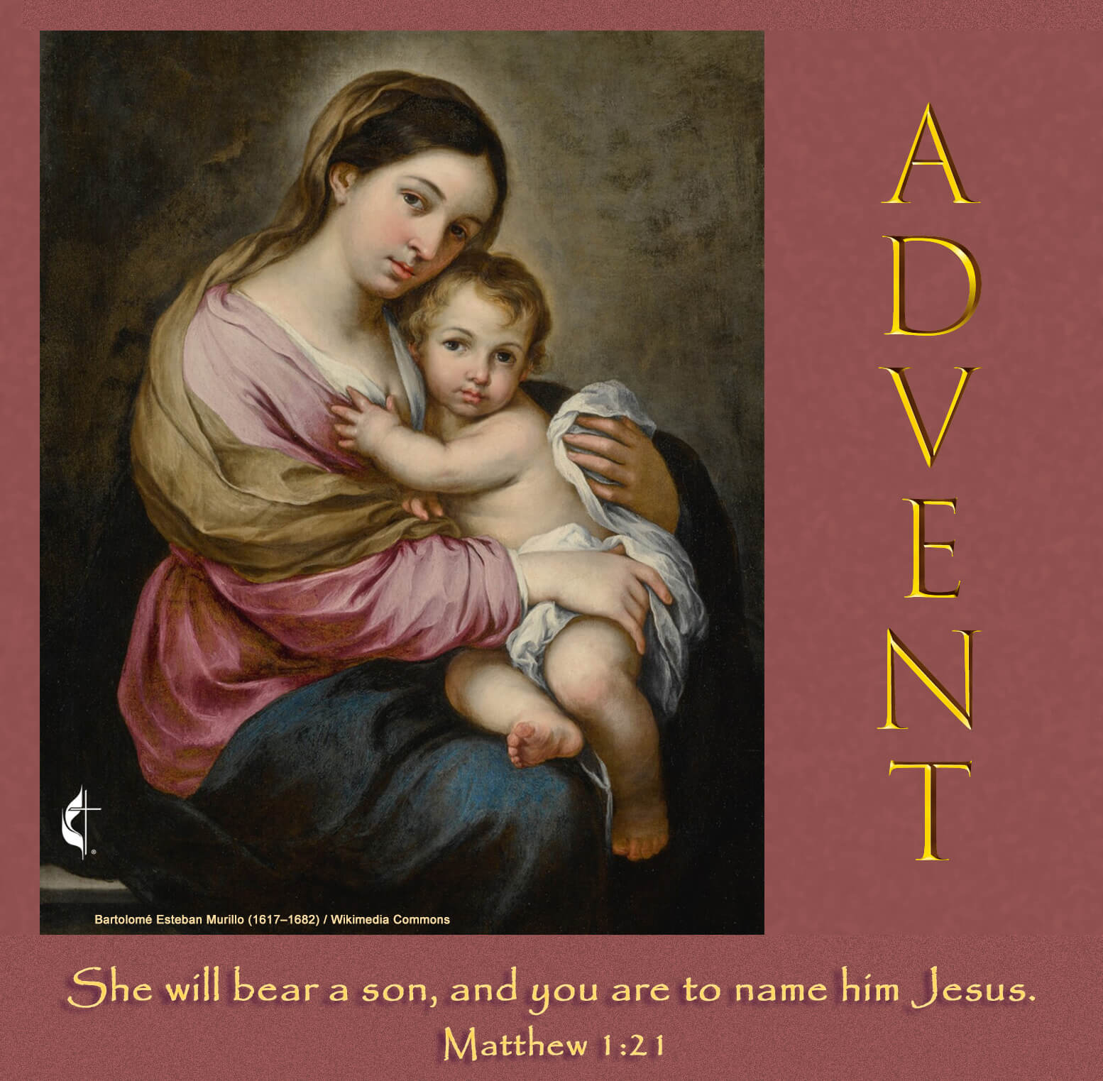 Bartolomé Esteban Murillo (Seville 1618 - 1682) "The Virgin and Child." Matthew 1:21; graphic by Laurens Glass, UM News. 
