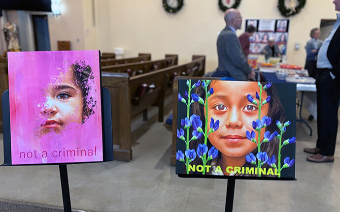 Two treated pieces by photographer Bill Franz combine photos of undocumented immigrant children with the caption “Not a Criminal.” They were displayed Dec. 4 as part of “A Night of Art and Protest: Immigration” at Dearborn First United Methodist Church. Photo courtesy of Dearborn First United Methodist Church.