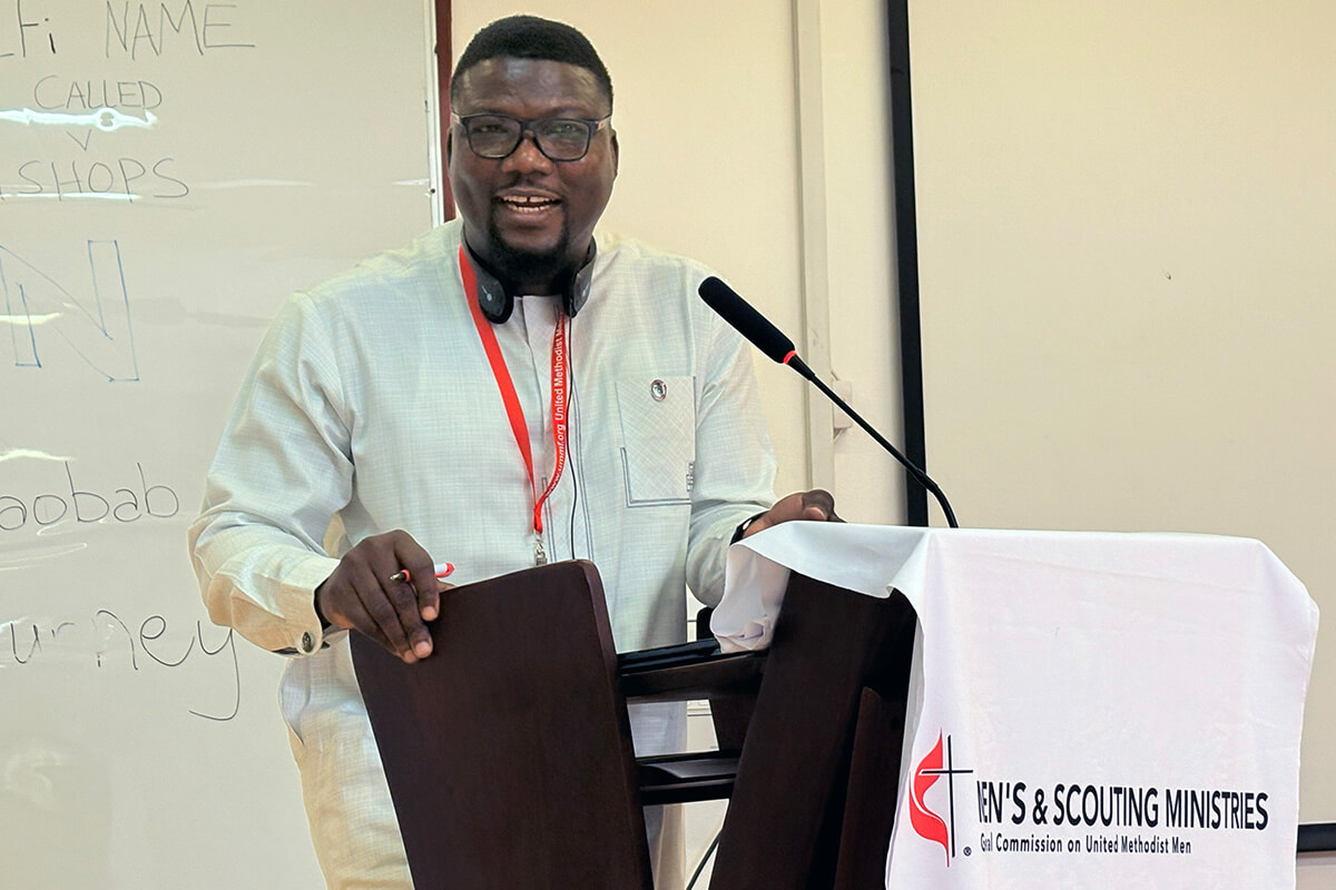 Wehnam Dabale, Africa University director of alumni, externalization and church relations, speaks during the United Methodist Men gathering at Africa University. Dabale said the meeting “powerfully reaffirms The United Methodist Church's deep commitment to the welfare and inclusion of all its members, with particular focus on engaging men.” Photo by Eveline Chikwanah, UM News.