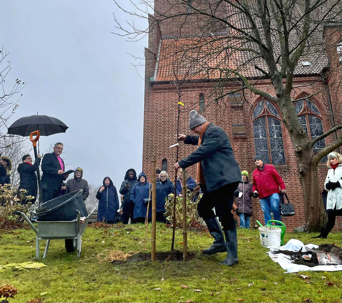 Peter Krüger plants an apple tree at the Evangelical Lutheran Church of St. Jürgen, where the United Methodist congretation in Flensburg, Germany, meets. The tree planting is part of the “Hope on the Way” campaign initiated by United Methdodist Bishop Werner Philipp (standing at left), who leads the Germany Regional Conference. Photo by Isabel Philipp. 