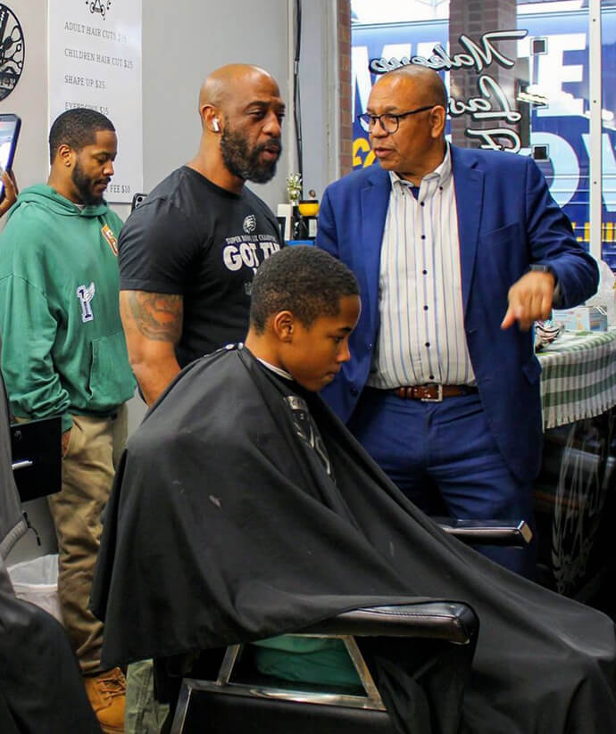 The Rev. Dale Caldwell visits a barbershop on the campaign trail in New Jersey. As the state’s new lieutenant governor and secretary of state, Caldwell will oversee support for New Jersey’s arts, history, tourism and business communities. Photo courtesy of the Mikie Sherrill for Governor Campaign.