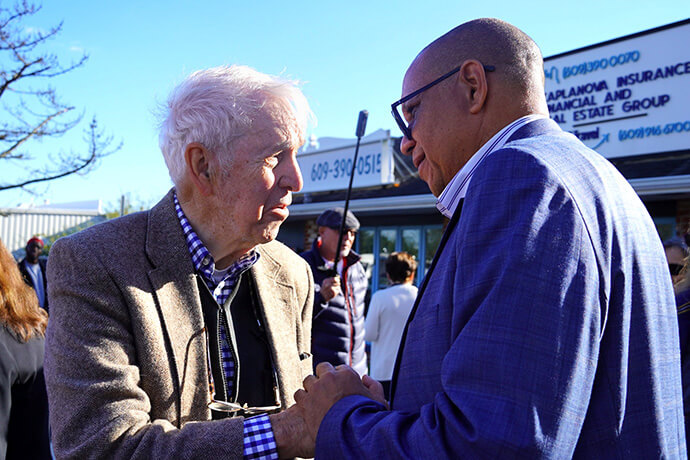 The Rev. Dale Caldwell talks with an unidentified man on the campaign trail in New Jersey. Caldwell, a licensed local pastor, has served Covenant United Methodist Church in Plainfield, N.J., since 2021. As the state’s lieutenant governor, he said he hopes to “develop a culture of caring and unity.” Photo courtesy of the Mikie Sherrill for Governor Campaign.