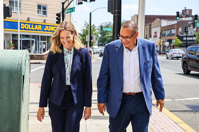 Governor-elect Mikie Sherrill and the Rev. Dale Caldwell share a laugh on the campaign trail in New Jersey. Sherrill says she chose Caldwell as her running mate last July because of his innovative leadership, religious experience and ability to connect with leaders of all faiths. Photo courtesy of the Mikie Sherrill for Governor Campaign.