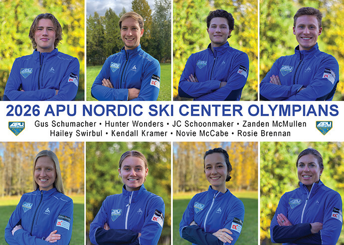 Portraits of the eight Alaska Pacific University cross-country skiers competing on Team USA. Photo courtesy of APU Nordic Ski Center.