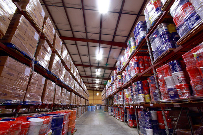 Flood buckets sit on shelves at Sager Brown Depot in Baldwin, La., ready to be deployed when disaster strikes. Photo courtesy of the Louisiana Conference. 