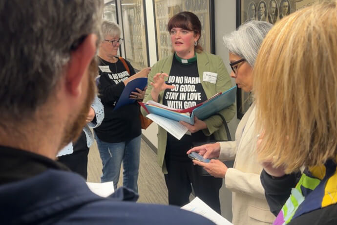 The Rev. Shelby Slowey, pastor of South End United Methodist Church in Nashville explains how United Methodist Social Principles apply to current proposed legislation on the death penalty in Tennessee. Over 200 United Methodists participated in United Methodist Day on the Hill at the Tennessee Capitol. Image from video by Lilla Marigza, UM News. 