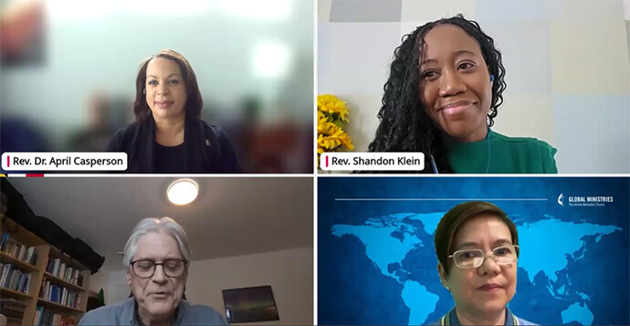 (Clockwise from left:) The Revs. April Casperson, Shandon Klein, Mark W. Lewis and Deaconess Darlene Marquez-Caramanzana join in a Feb. 21 webinar exploring the Wesleyan theology that undergirds the denomination’s vision to “serve joyfully.” Screen shot courtesy of United Methodist Communications via Zoom by UM News.