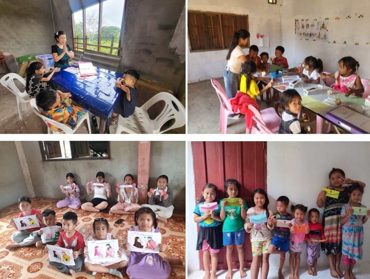 2025년 3월부터 X국 수도에 있는 세 교회를 중심으로 주일학교 교재 개발 프로그램이 진행되고 있다. (위 왼쪽) 2025년 2월부터 시작된 셀그룹 모임의 모습. (위 오른쪽) 한 교회의 주일학교로, 아이들에게 교회는 마음껏 색칠하고 가위를 사용할 수 있는 거의 유일한 공간이다. (아래 왼쪽) 아이들의 연령에 맞춰 서로 다른 크래프트 활동을 진행하는 모습. (아래 오른쪽) “과부의 헌금”(마가복음 12장)을 배우던 날, 아이들이 직접 자신만의 헌금 봉투를 만들어 보는 활동 장면. 사진 제공, S.L. 선교사.