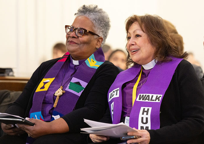 United Methodist Bishops LaTrelle Miller Easterling (left) and Minerva Carcaño help lead opening worship for “Faithful Resistance: A Public Witness for Immigrant Justice” at Capitol Hill United Methodist Church in Washington on Feb. 25. Photo by Mike DuBose, UM News.
