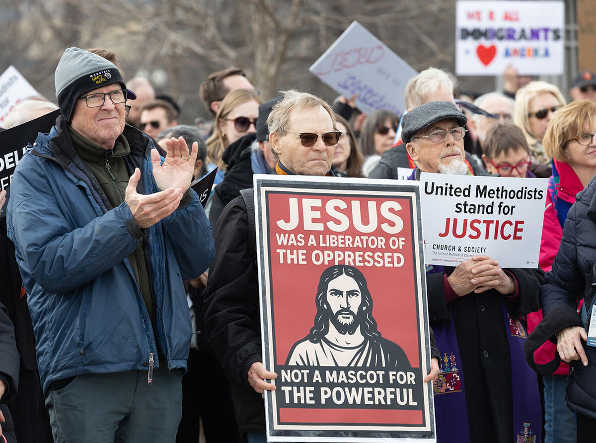 Participants in “Faithful Resistance: A Public Witness for Immigrant Justice” listen to speeches at Upper Senate Park in Washington on Feb. 25. Photo by Mike DuBose, UM News.