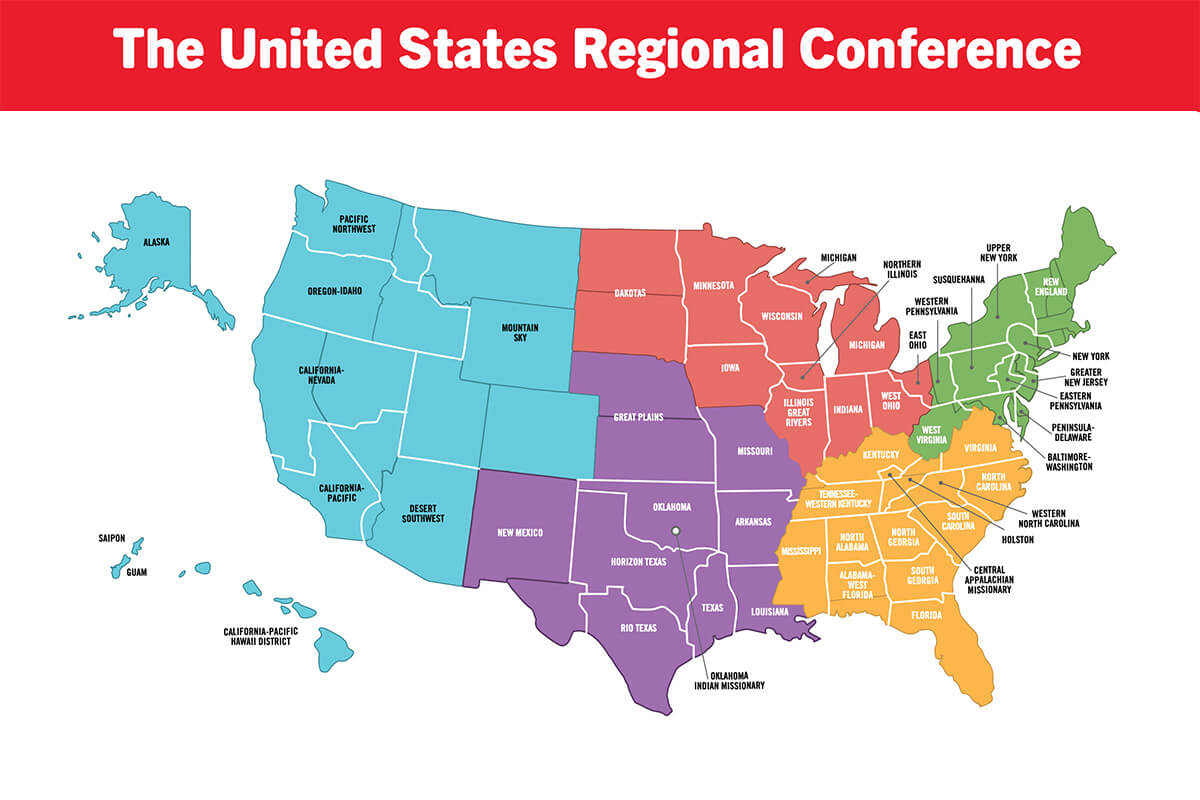The five U.S. jurisdictions, which each consist of multiple annual conferences, first came into being in 1939. While regionalization leaves the current jurisdictions in place, a group of United Methodist leaders are looking at proposing changes to the denomination’s constitution to allow each regional conference, including the U.S., to decide whether to have jurisdictions. Map from The United Methodist Church Handbook 2025-2028 courtesy of ResourceUMC.