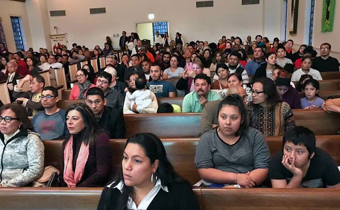The congregation at Marvin United Methodist Church, also known as Comunidad de Gracia, meets in the sanctuary of its aging building. A grant from neighboring Sherwood Forest United Methodist Church will help Marvin with maintenance needs. Photo courtesy of Marvin United Methodist Church.