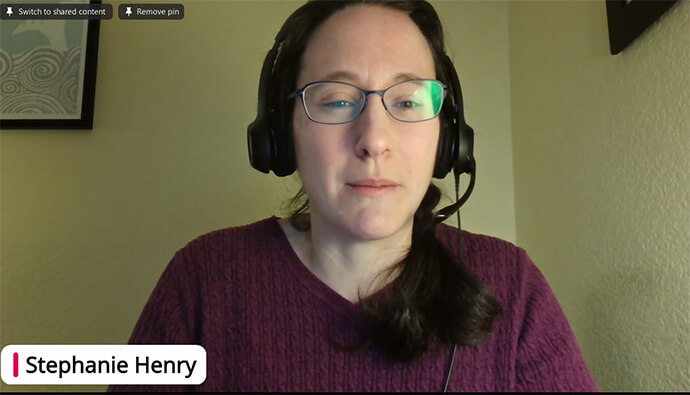 Stephanie Henry, co-convener of the design team organizing the coming Leadership Gathering, speaks at the last of the three webinars on the denomination’s vision. The webinars are intended to engage the entire denomination in preparation for the gathering on Oct. 20-24 in Alberta, Canada. 