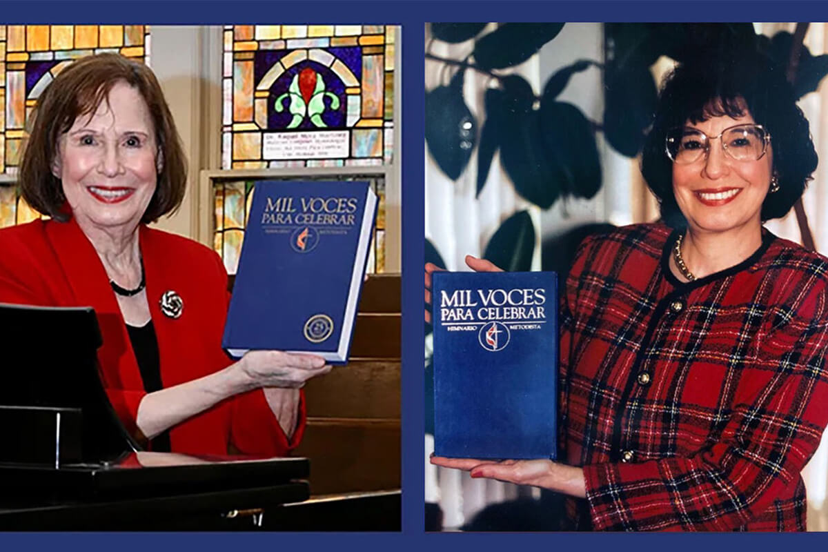 Two important moments in Raquel Martínez’s ministerial life: at right, the launch of the “Mil Voces Para Celebrar” hymnal in 1996, and at left, the celebration of its 25th anniversary in 2021. Photo courtesy of the Martínez family; photo composition by the Rev. Gustavo Vásquez, UM News.