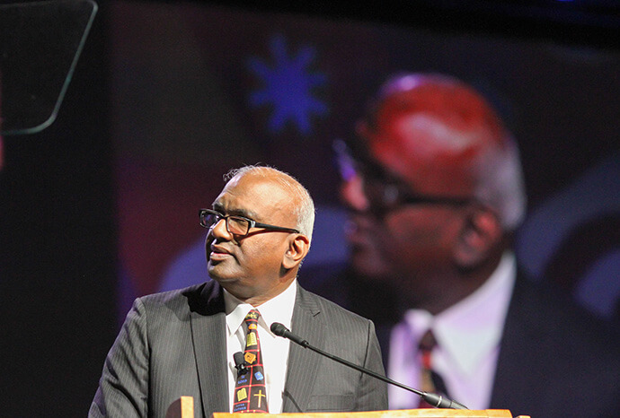 The Rev. Moses Kumar presents the budget on May 20, 2016, at the denomination's 2016 General Conference in Portland, Ore. Photo by Maile Bradfield, UM News.