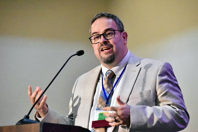 The Rev. Giovanni Arroyo, who leads the United Methodist Commission on Religion and Race, calls for justice, compassion and solidarity with immigrants during a “Call to Action” session at Black Methodists for Church Renewal’s General Meeting on March 20. Photo by John W. Coleman, UM News. 