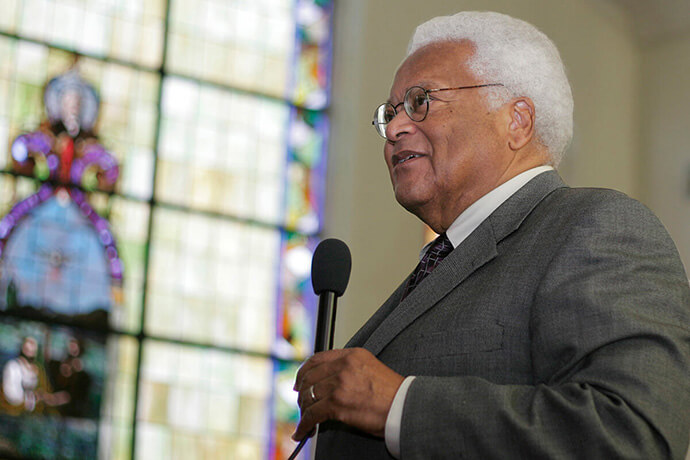 The Rev. James Lawson Jr. speaks about nonviolence at First Baptist Church in Montgomery, Ala., in 2009, during a congressional civil rights pilgrimage to the state. The church was the site of a 1961 confrontation between Freedom Riders and an angry mob. Lawson died June 9, 2024, at age 95. File photo by Kathy L. Gilbert, UM News.
