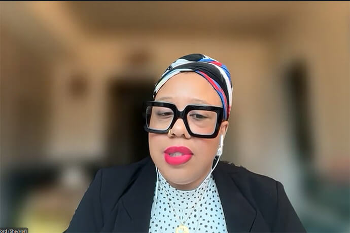 The Rev. Brittany Radford, the Minnesota Conference’s director of racial equity and justice, talks to the Commission on the General Conference about how Minnesota United Methodists have responded to the U.S. federal immigration crackdown in Minneapolis, the host city of the 2028 General Conference. “Fear cannot have the final word,” she said. Screen shot courtesy of the General Conference commission via Zoom by UM News.