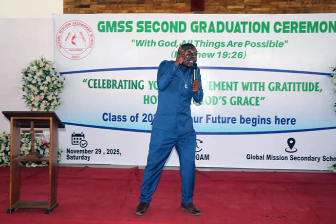 The Rev. Isaac Ibrahim, superintendent of The United Methodist Church’s Dar es Salaam District, preaches during Global Mission Secondary School’s second graduation ceremony in November. The United Methodist school, founded in 2021, is committed to developing disciples of Jesus who are academically strong and ready to serve beyond Tanzania’s borders. Photo by Asaph Sungura Ally, UM News. 