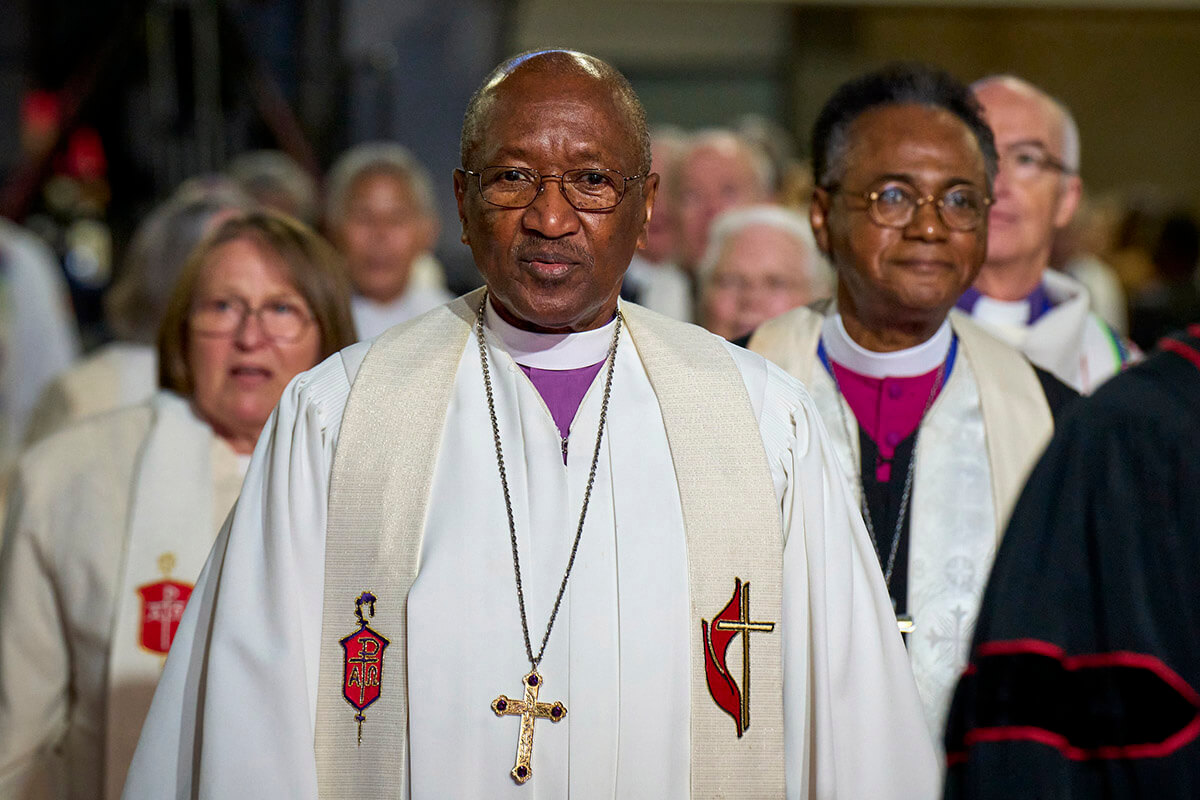 Retired Bishop Marcus Matthews and other United Methodist bishops process into the opening worship service of the United Methodist General Conference in Charlotte, N.C., on April 23, 2024. The Judicial Council, the denomination’s top court, has released three decisions, including one related to the allocation of U.S. bishops. File photo by Paul Jeffrey, UM News.