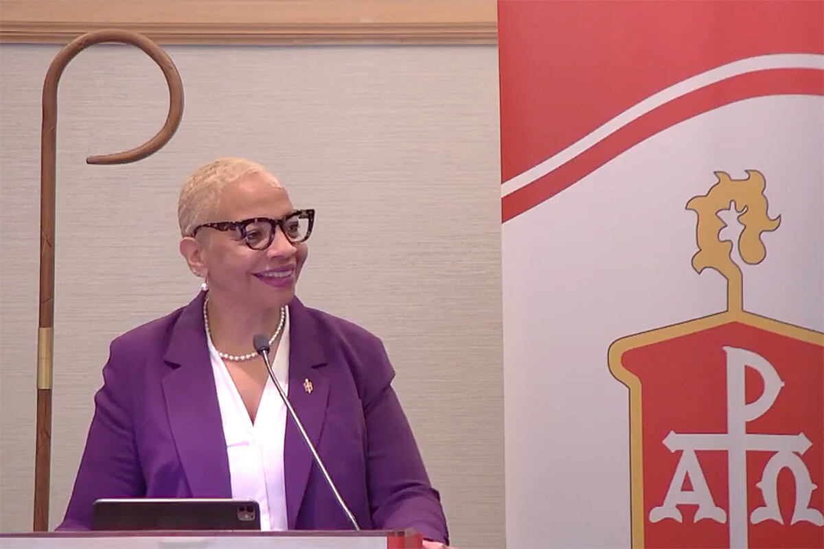 Council of Bishops President Tracy S. Malone, who also leads the Indiana Conference, delivers her final presidential address during the bishops’ spring meeting in Jacksonville, Fla. She challenged the bishops to let go of anxiety about the institution and see how God is forming the church for the future. Screen shot courtesy of the Council of Bishops via Facebook by UM News.