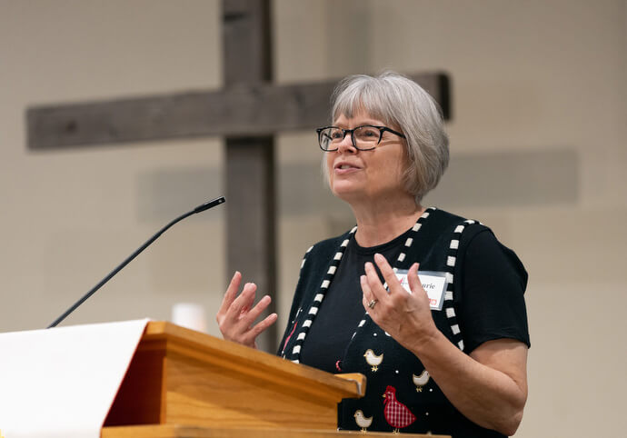 The Rev. Laurie Bayen gives the sermon at Windsor Community United Methodist Church in Windsor, Calif. She spends about one-fourth of her time on the Sacred Ground ministry she created and the remainder on leading Windsor.