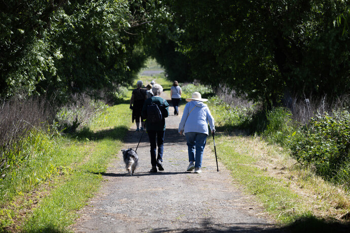 Hikers enjoy a trail on reclaimed farmland at Tolay Lake Regional Park near Petaluma, Calif., during a Sacred Ground field trip. 